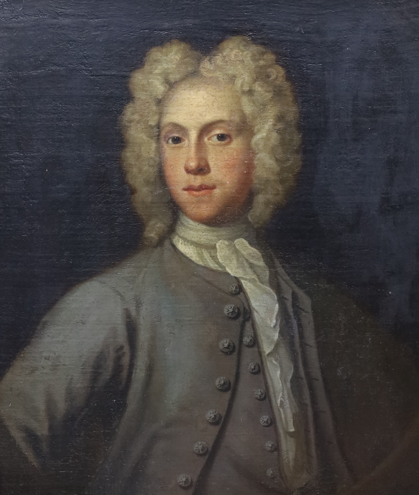 English School c.1700, oil on canvas laid on board, Portrait of a young man wearing a grey coat, 66 x 57cm